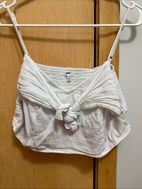 aerie White Textured Smocked Crop Top